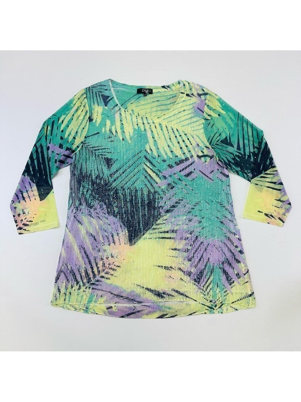 Orly womens top green yellow mesh scoop neck lightweight Small Cruisewear